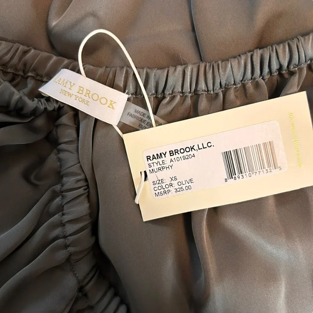 Ramy Brook Off One Shoulder Murphy Top Blouse Satin Ruffle Cuff Olive Sz XS